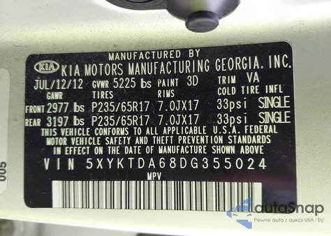 2013 Kia Sorento Lx из США, поврежденный, VIN 5XYKTDA68DG355024